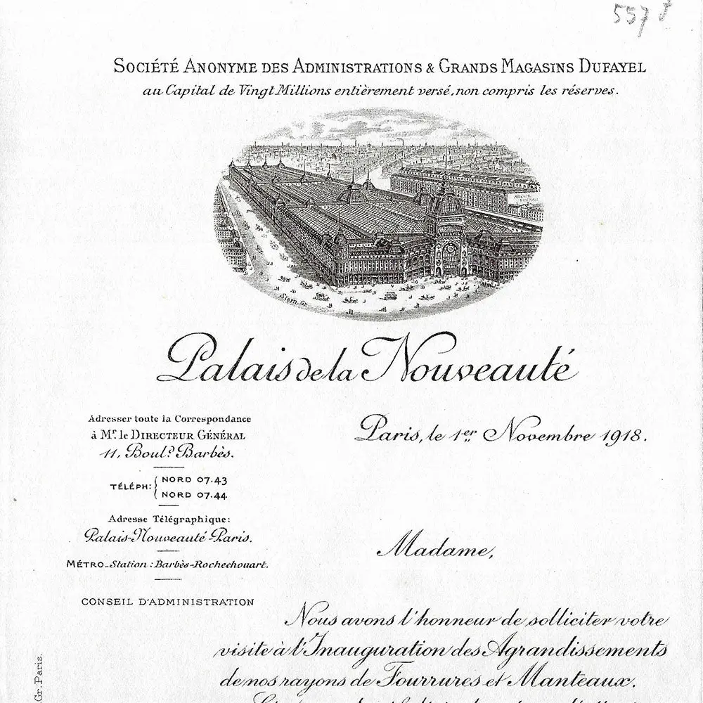 Dufayel, Palais De La Nouveauté - Invitation À L'inauguration Des Agrandissements Des Rayons Fourrures Et Manteaux (1918) 2