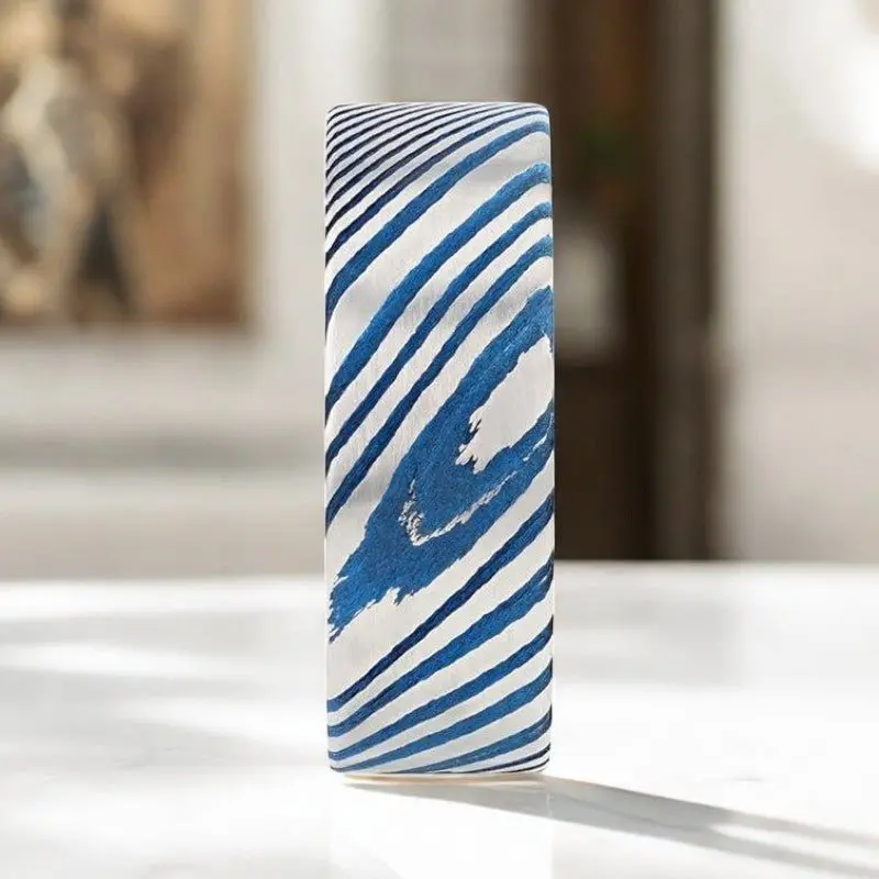 Duke | Blue Damascus Steel Ring, Vivid Etched Design, Flat 4