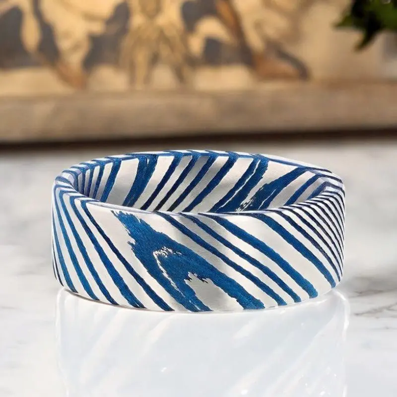 Duke | Blue Damascus Steel Ring, Vivid Etched Design, Flat 5
