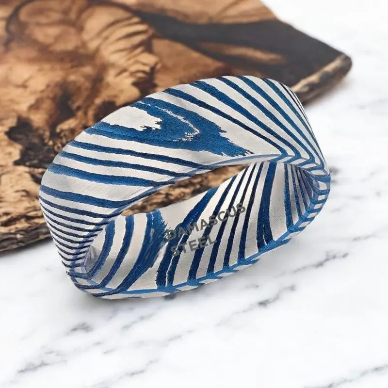 Duke | Blue Damascus Steel Ring, Vivid Etched Design, Flat 2