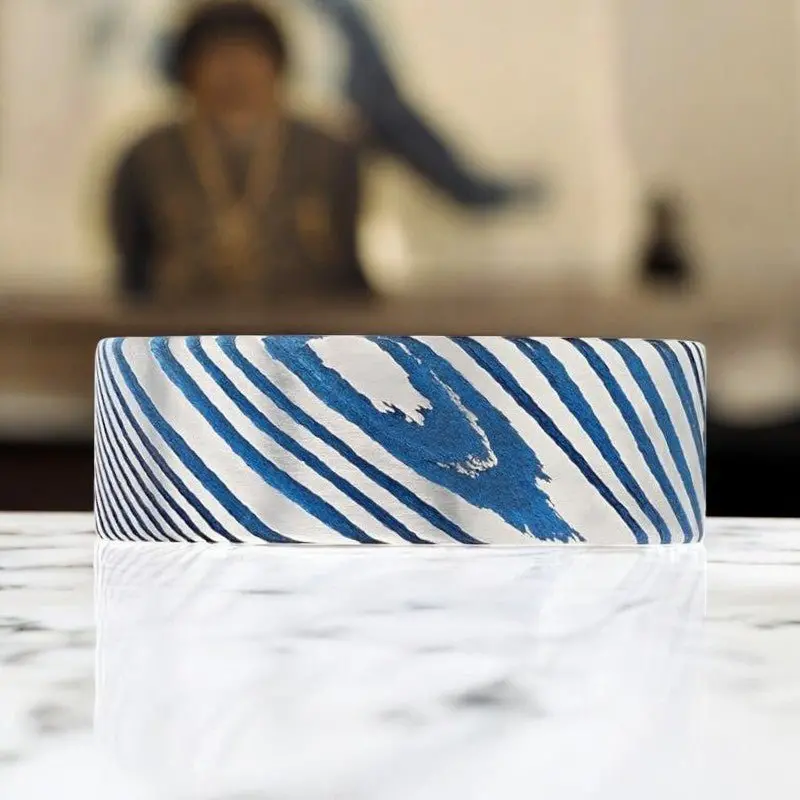 Duke | Blue Damascus Steel Ring, Vivid Etched Design, Flat 3