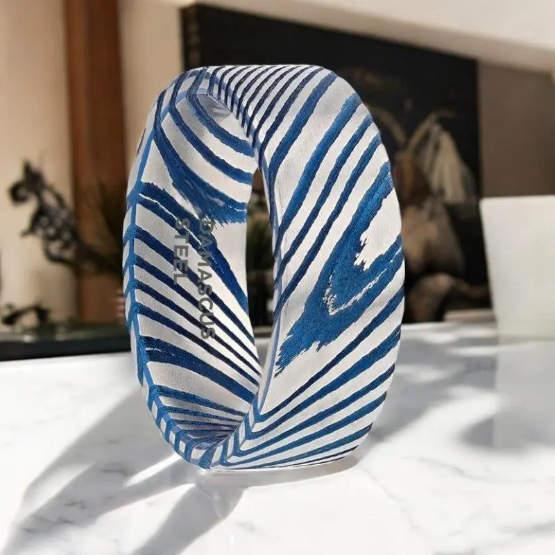Duke | Blue Damascus Steel Ring, Vivid Etched Design, Flat 1