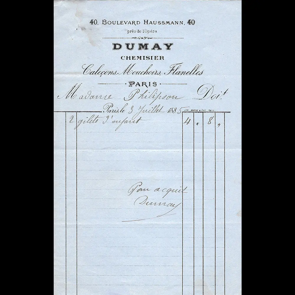 Dumay - Facture Du Chemisier, 40 Boulevard Haussmann À Paris (1885) 1