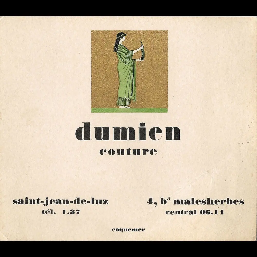 Dumien - Carte De La Maison De Couture, 4 Boulevard Malesherbes À Paris (1920S) 1