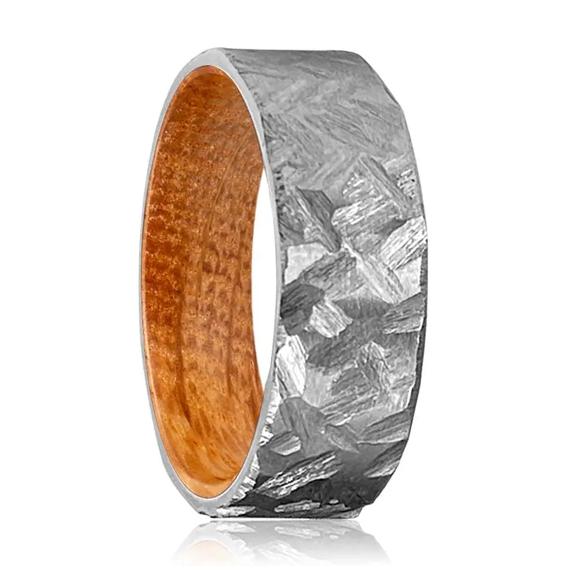 Dunhill | Whiskey Barrel Wood, Silver Titanium Ring, Hammered, Flat 1