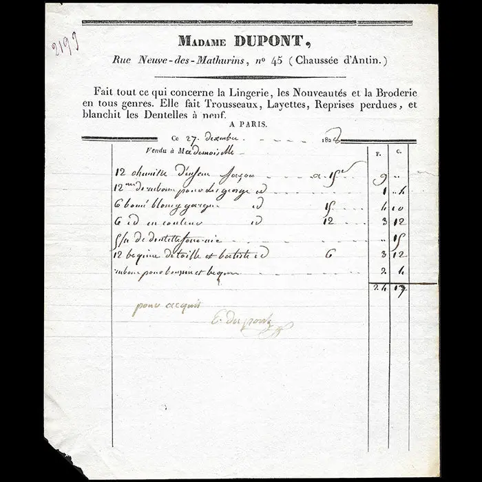 Madame Dupont - Facture Du Magasin De Lingerie Et Broderie, Rue Neuve-Des-Mathurins À Paris (1828) 1