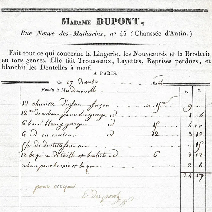 Madame Dupont - Facture Du Magasin De Lingerie Et Broderie, Rue Neuve-Des-Mathurins À Paris (1828) 2
