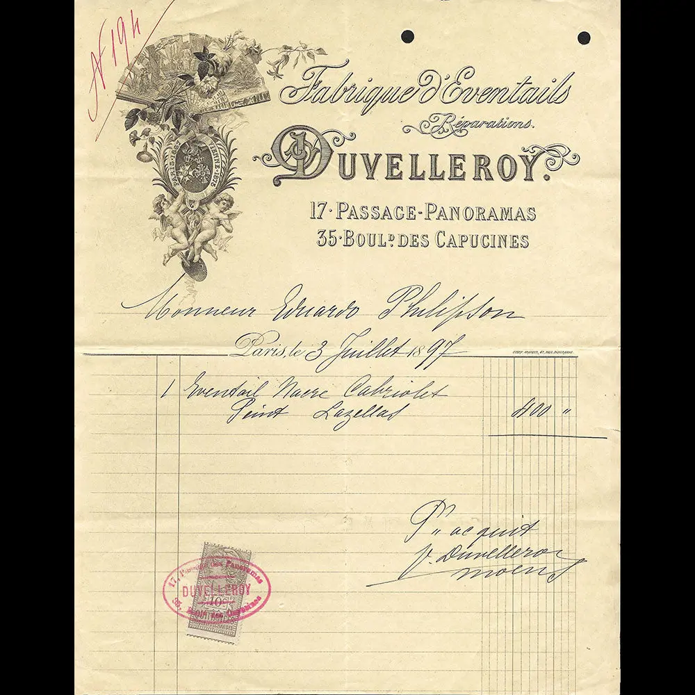 Duvelleroy - Facture De La Fabrique D'éventails, Passage Des Panoramas À Paris (1897) 1