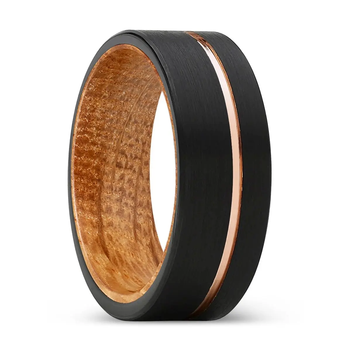 Dynamic | Whiskey Barrel Wood, Black Tungsten Ring, Rose Gold Offset Groove, Brushed, Flat 1