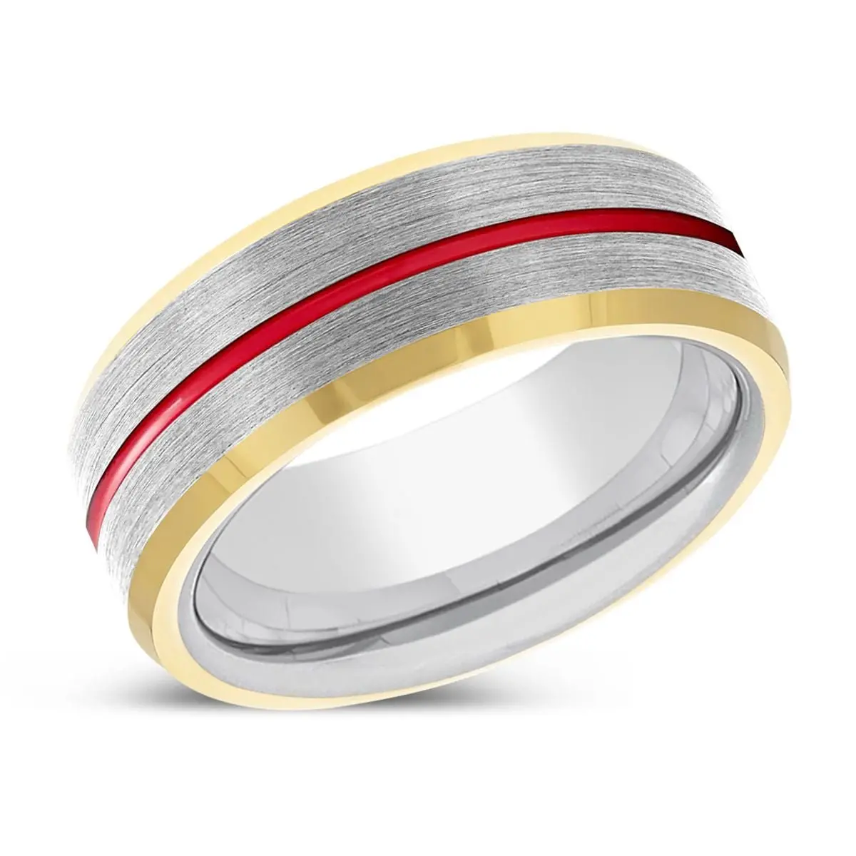 Dynamo | Silver Ring, Silver Tungsten Ring, Red Groove, Gold Beveled Edge 2