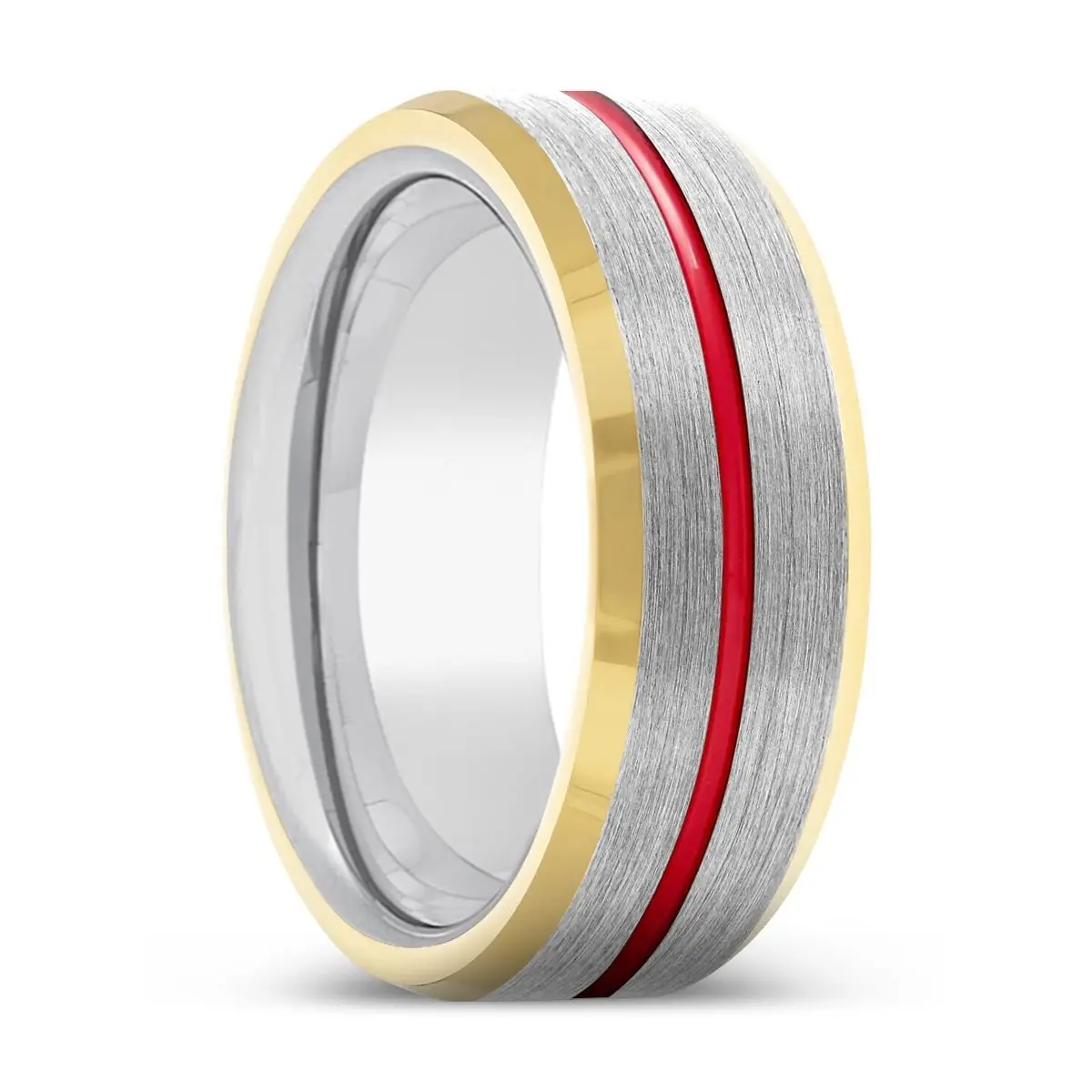 Dynamo | Silver Ring, Silver Tungsten Ring, Red Groove, Gold Beveled Edge 1