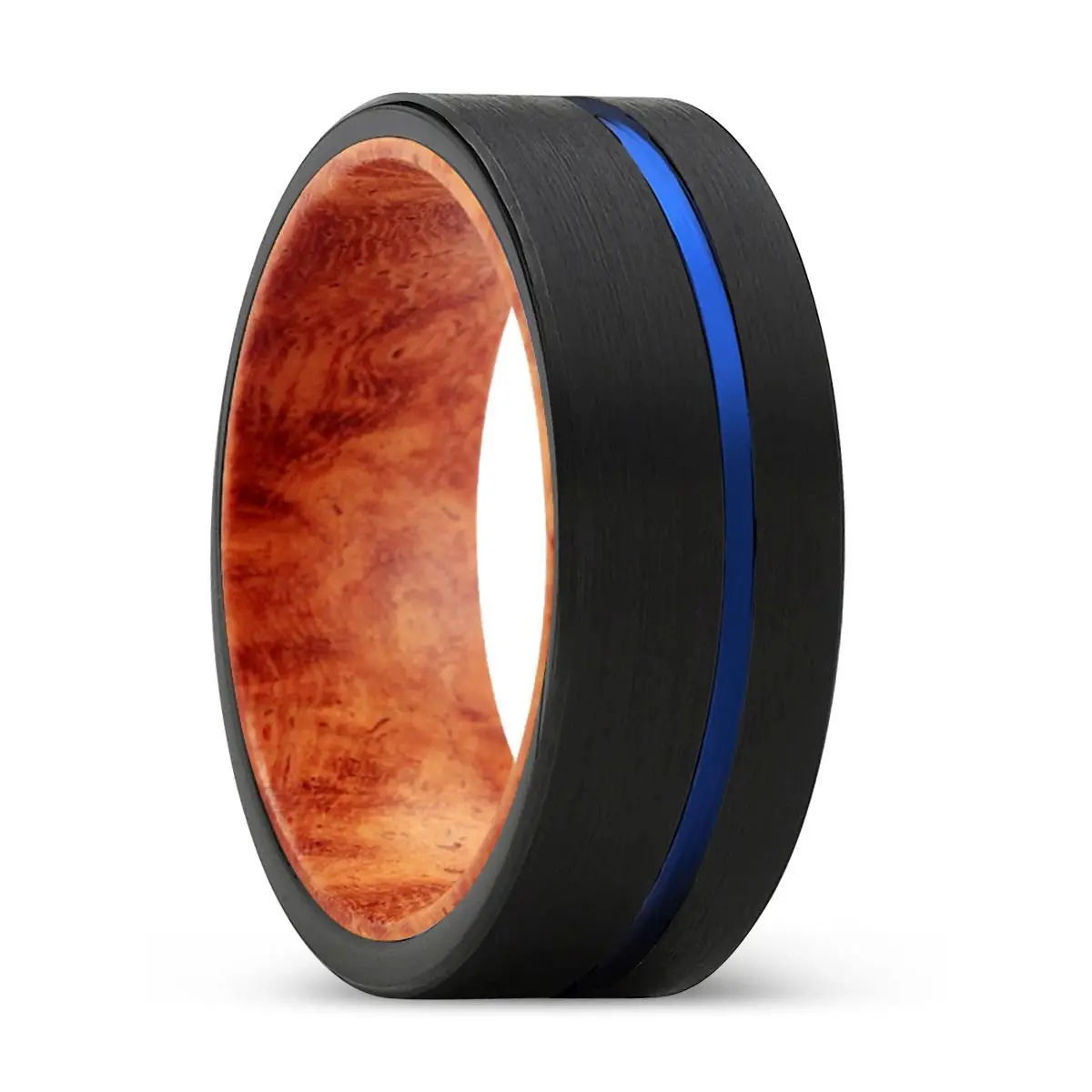 Dynasty | Red Burl Wood, Black Tungsten Ring, Blue Offset Groove, Flat 1