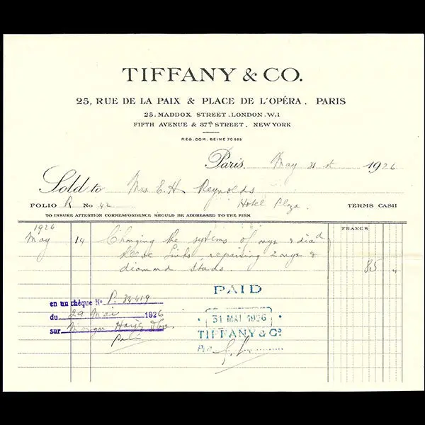 Facture De La Maison Tiffany & Co, 25 Rue De La Paix À Paris (1926) 1