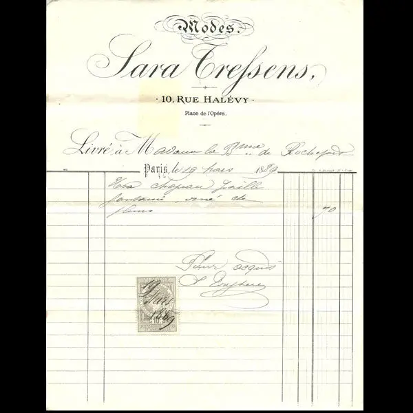 Facture De La Maison De Modes Sara Trefsens, 10 Rue Halevy À Paris (1889) 1