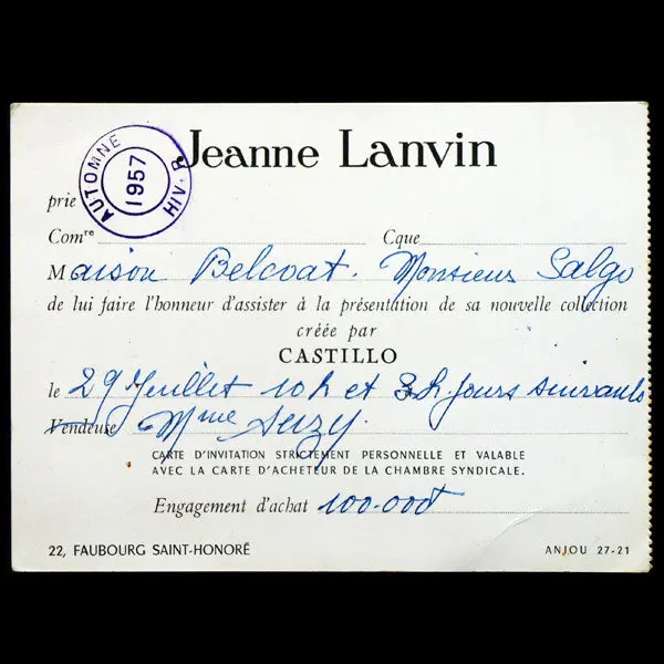 Carton D'invitation Au Défilé Jeanne Lanvin Pour L'automne 1957 1