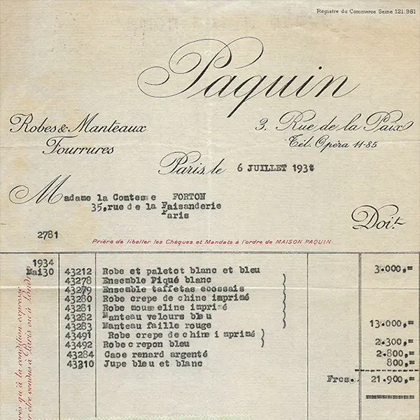 Paquin - Facture De La Maison Couture, 3 Rue De La Paix (1934) 2