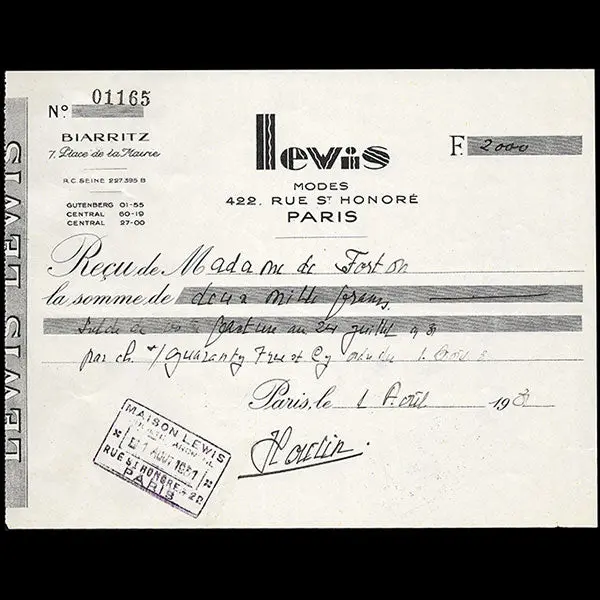 Lewis - Reçu De La Maison De Chapeaux, 7 Place De La Mairie À Biarritz (1931) 1