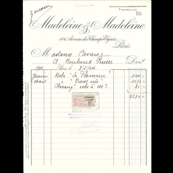 Facture De La Maison De Couture Madeleine & Madeleine, 104 Avenue Des Champs-Elysées À Paris (1924) 1