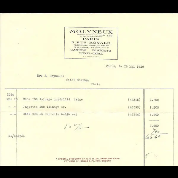 Facture De Molyneux (1929) 1