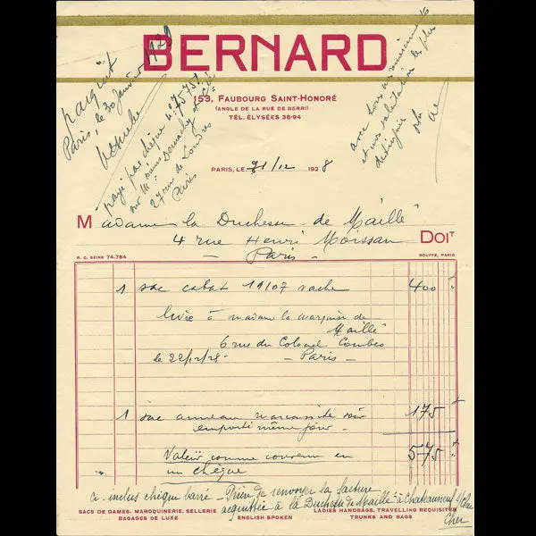 Facture De La Maison Bernard, 153 Faubourg Saint-Honoré À Paris (1928) 1