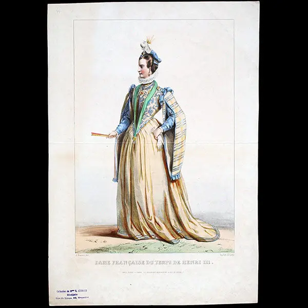 Achile Deveria - Costumes Historiques De Ville Ou De Théâtre, Planche N°44, Dame Française Du Temps De Henri Iii (1831) 1