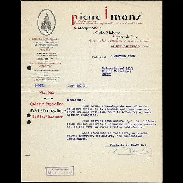 Pierre Imans - Facture, 10 Rue Crussol À Paris (1931) 1