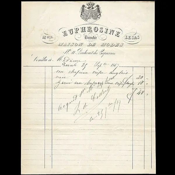Euphrosine - Facture De La Maison De Modes, 11 Boulevart Des Capucines À Paris (1867) 1