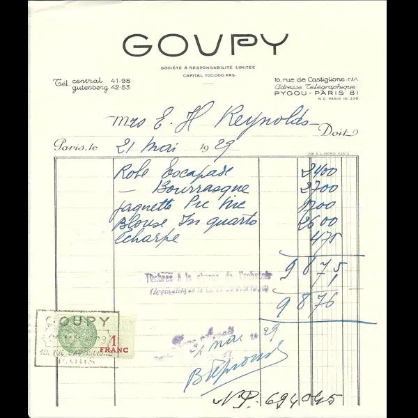 Facture De La Maison Goupy, 10 Rue Castiglione À Paris (1929) 1