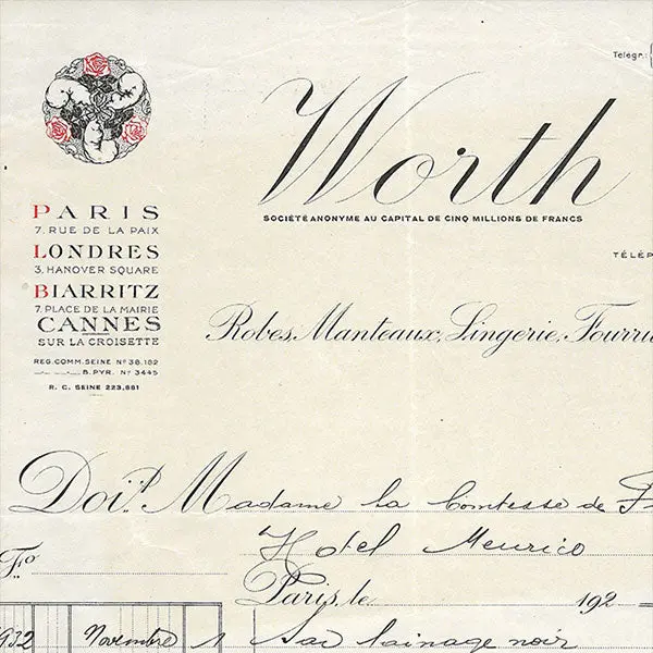 Facture De La Maison Worth, 7 Rue De La Paix, Paris (1932) 2