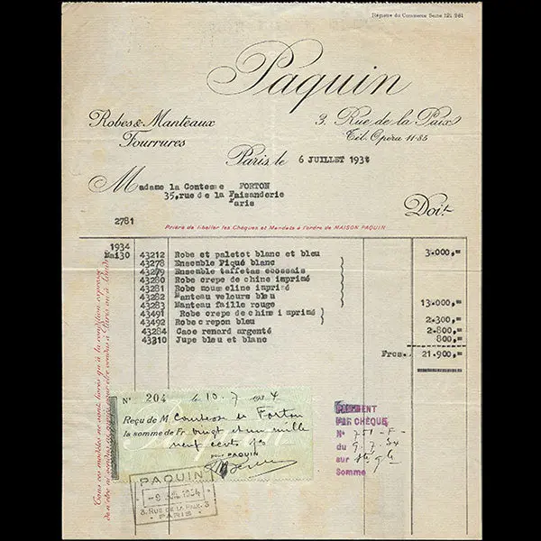 Paquin - Facture De La Maison Couture, 3 Rue De La Paix (1934) 1