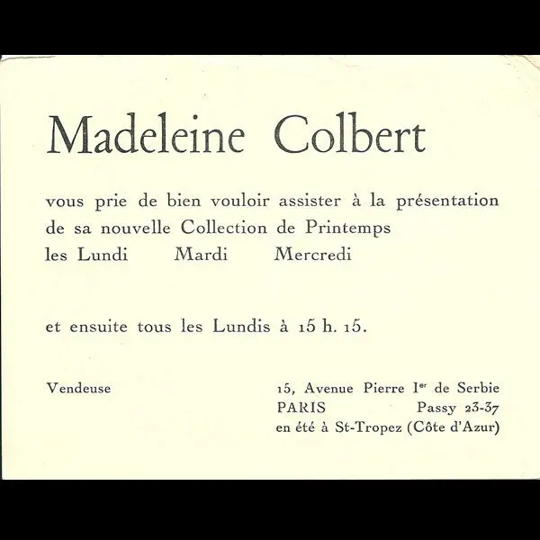 Carton D'invitation De La Maison Madeleine Colbert, 15 Avenue Pierre Ier De Serbie À Paris (Circa 1935) 1