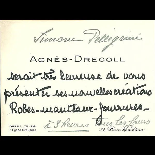 Carton D'invitation De La Maison Agnès Drecoll, 24 Place Vendôme À Paris (Circa 1935) 1