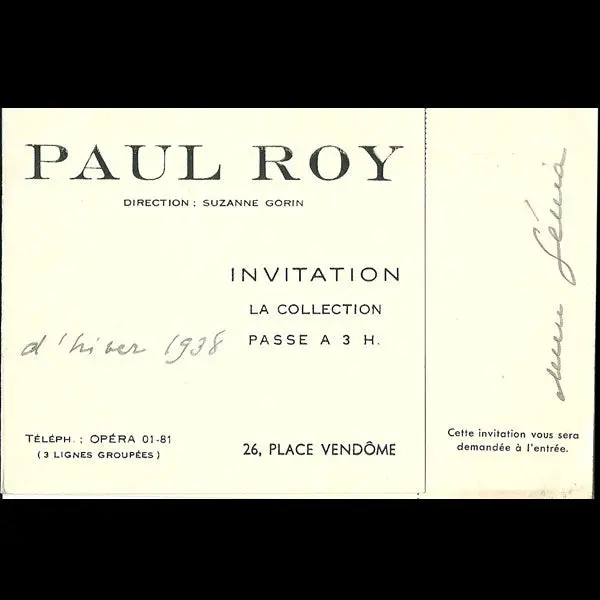Carton D'invitation De La Maison Paul Roy, 26 Place Vendôme À Paris (1938) 1