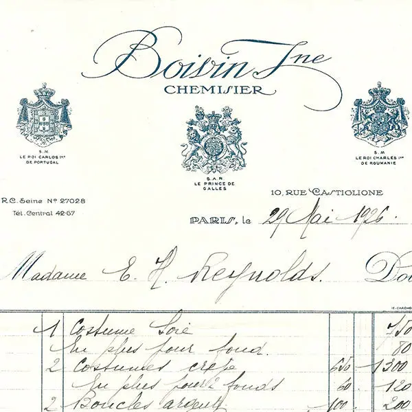 Facture De La Maison Boivin Jeune Chemisier, 10 Rue Castiglione À Paris (1926) 2