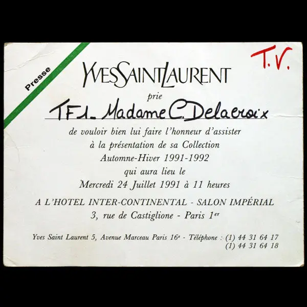 Carton D'invitation Au Défilé Yves Saint-Laurent Du 24 Juillet 1991, Collection Automne-Hiver 1991-1992 1