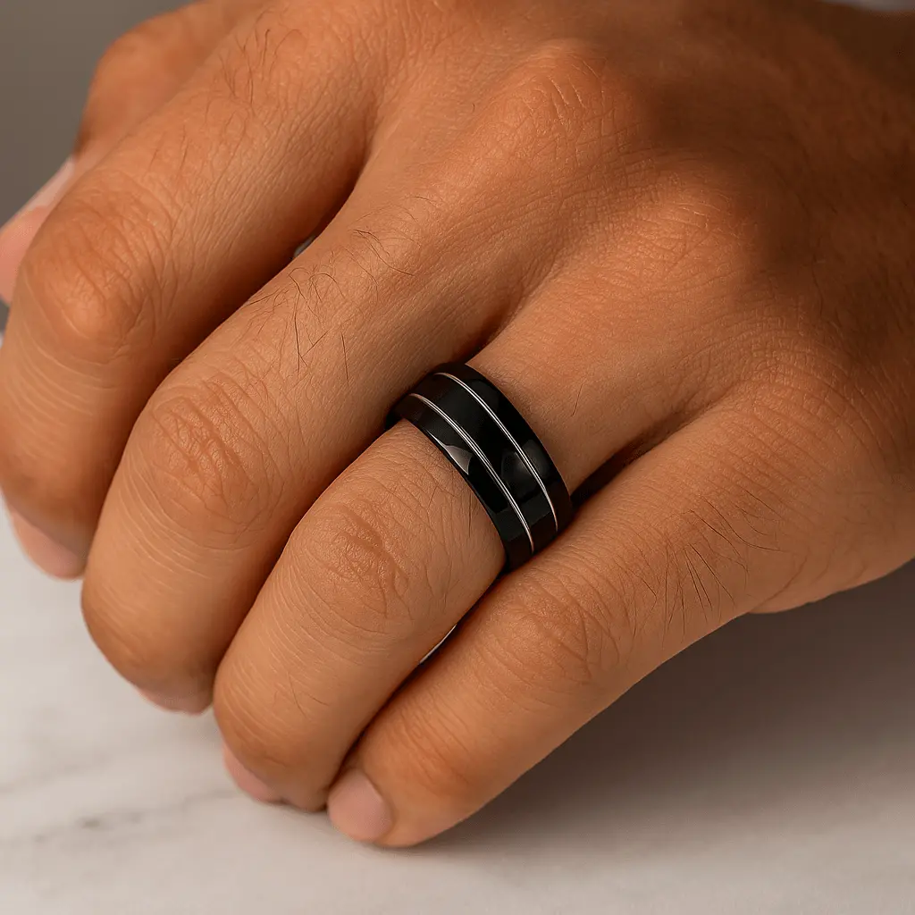 Eclipse | Domed Black Tungsten Ring With Polished Offset Grooves 2