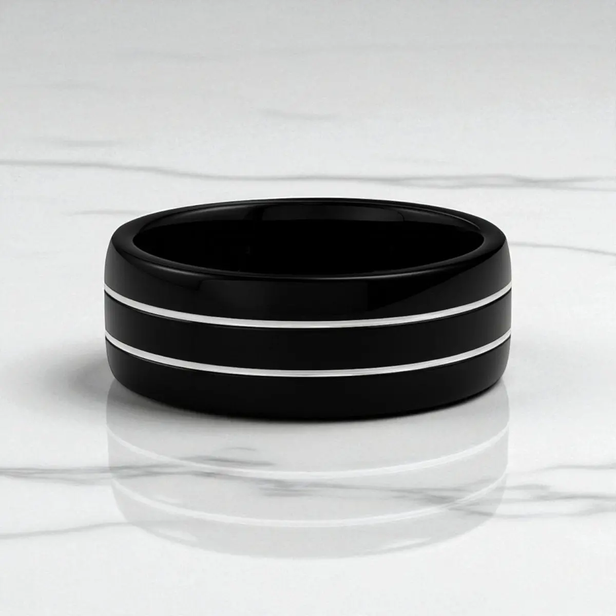 Eclipse | Domed Black Tungsten Ring With Polished Offset Grooves 5