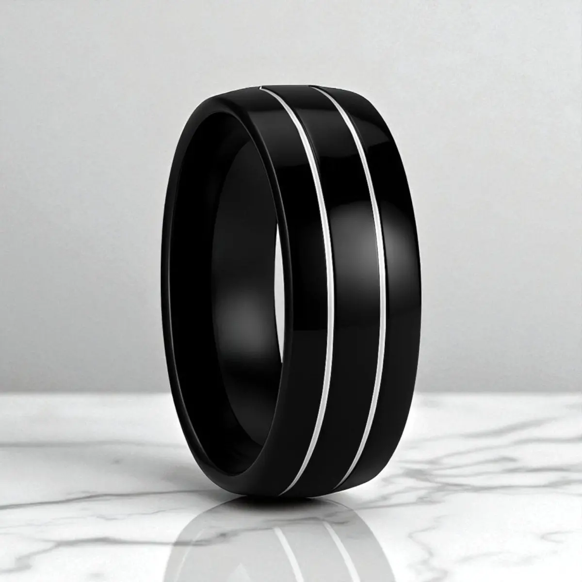 Eclipse | Domed Black Tungsten Ring With Polished Offset Grooves 1