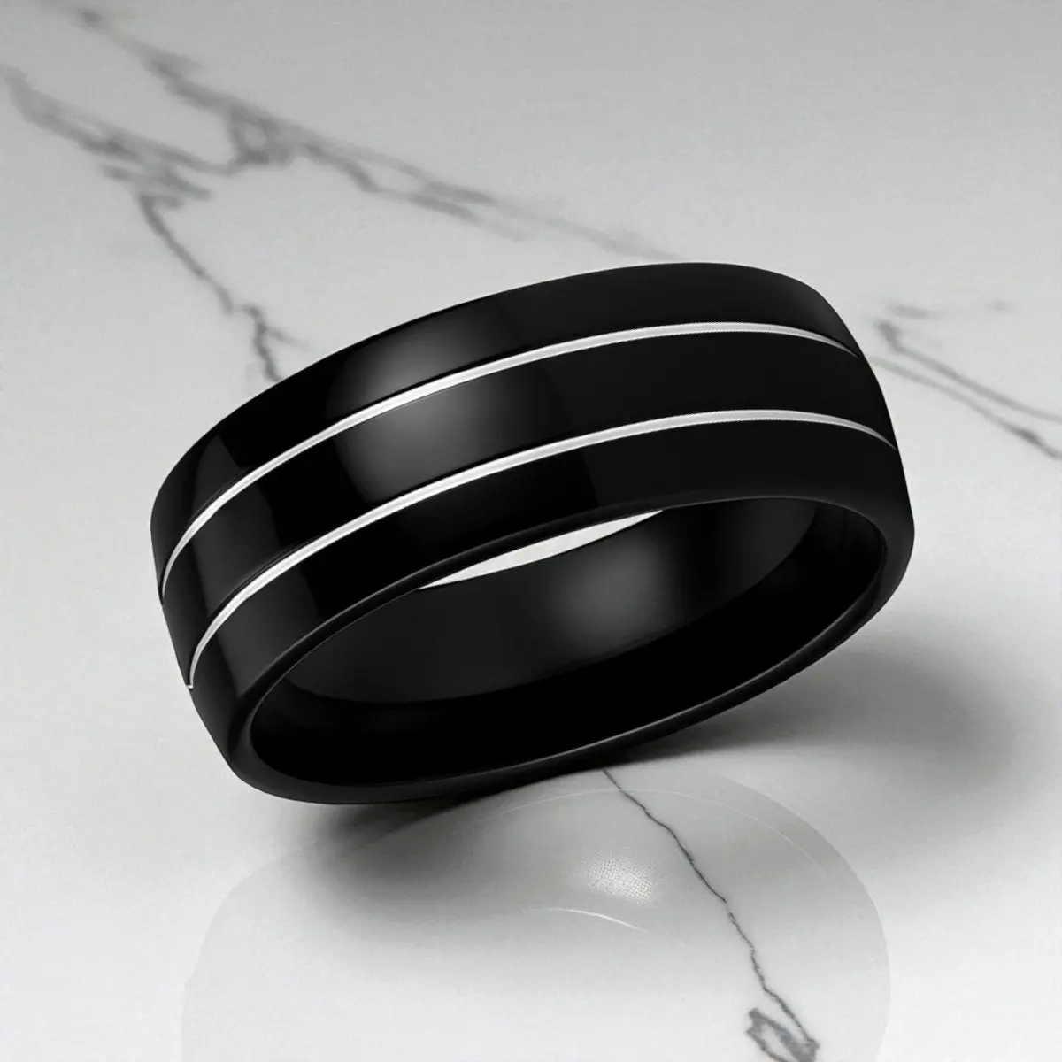 Eclipse | Domed Black Tungsten Ring With Polished Offset Grooves 3