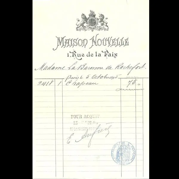 Facture De Maison Nouvelle, Maison De Modes, 1 Rue De La Paix À Paris (1895) 1