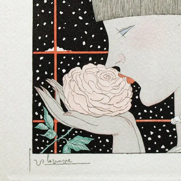 Georges Lepape - Garçonne À La Rose, Carte De Voeux Pour L'année 1927 2