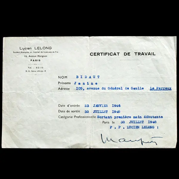 Certificat De Travail De La Maison Lucien Lelong (1948) 1