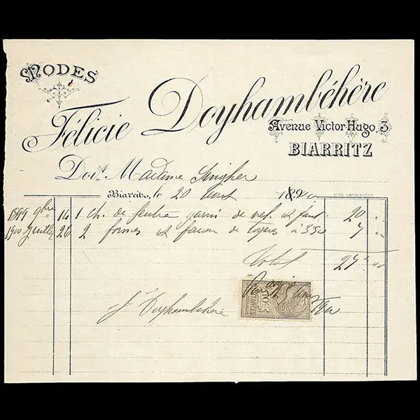 Doyhambehere - Facture De La Maison De Chapeaux, 3 Avenue Victor Hugo À Biarritz (1899) 1