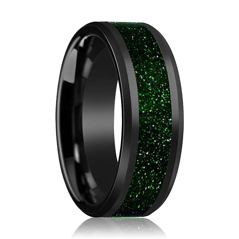 Giovanni | Black Ceramic Ring, Green Goldstone Inlay, Beveled 1