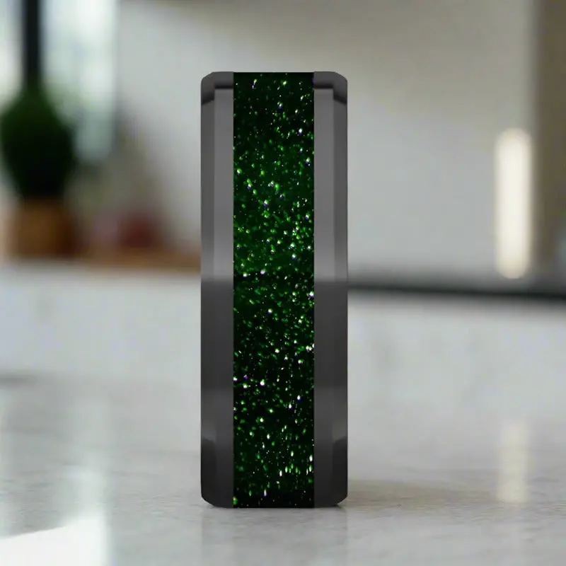 Giovanni | Black Ceramic Ring, Green Goldstone Inlay, Beveled 4