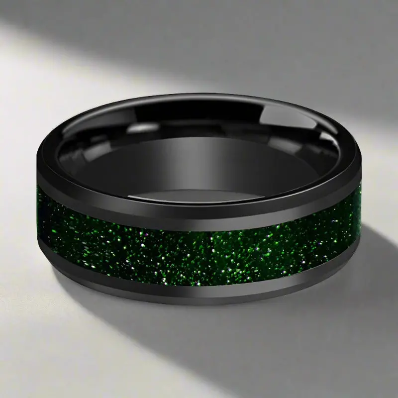 Giovanni | Black Ceramic Ring, Green Goldstone Inlay, Beveled 3