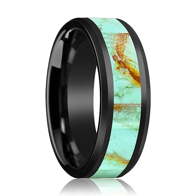 Edward | Black Ceramic Ring, Light Blue Turquoise Stone Inlay, Beveled 1