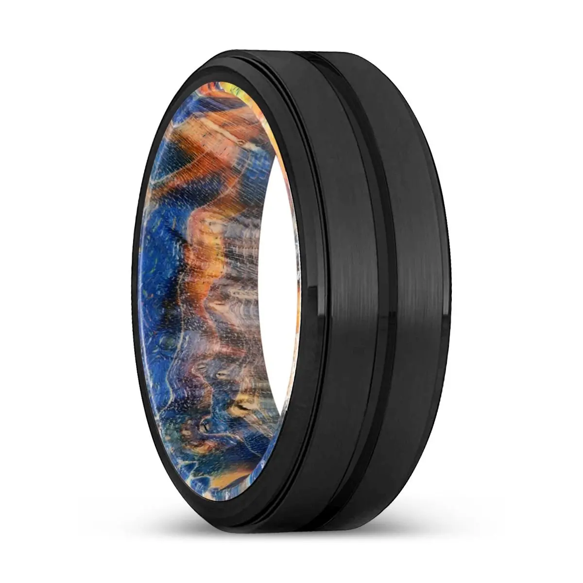 Edwin | Blue & Yellow/Orange Wood, Black Tungsten Ring, Grooved, Stepped Edge 1