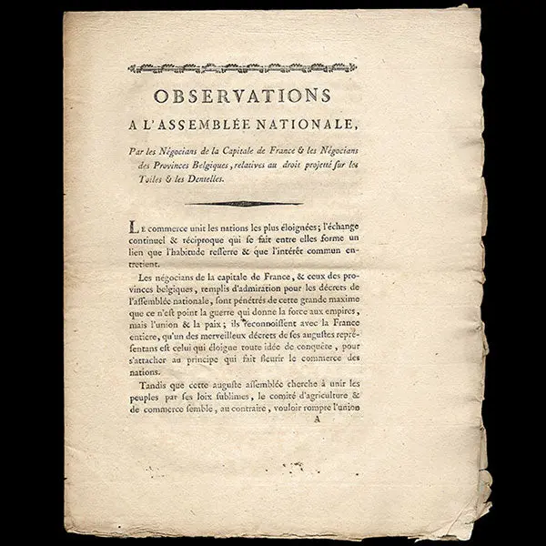Observations Des Négociants De France Et De Belgique Sur Les Droits Sur Les Toiles Et Les Dentelles (1790) 1