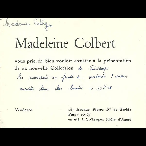 Carton D'invitation De La Maison Madeleine Colbert, 15 Avenue Pierre Ier De Serbie À Paris (1939) 1